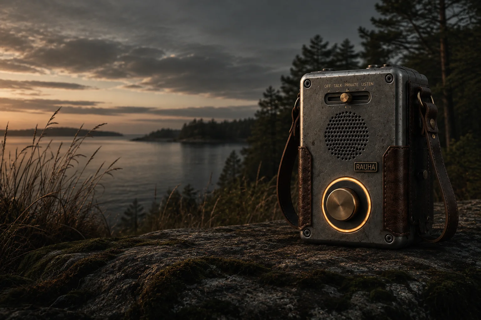 RAUHA One on a rock above the archipelago at sunset, its dial lit