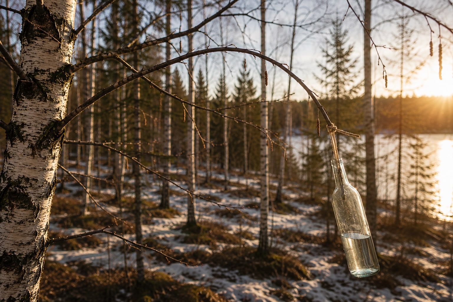 A glass bottle tied to a cut birch branch, filling with sap, late snow on the forest floor
