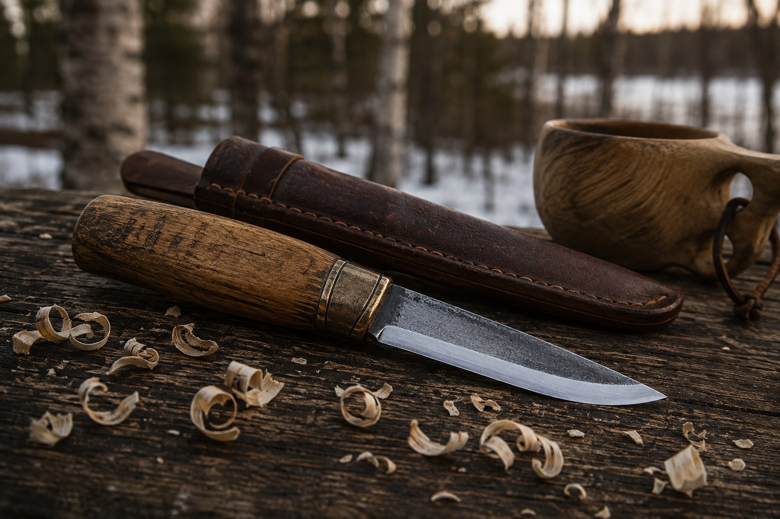 A Lapland knife and its leather sheath on a bench among fresh wood shavings