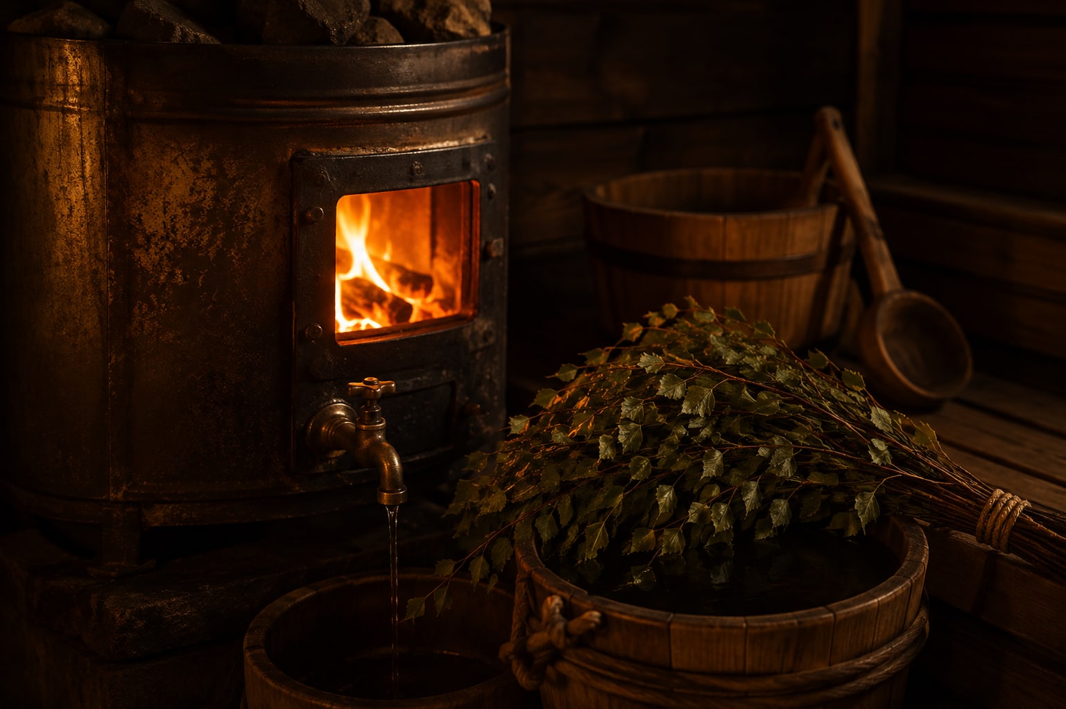 A wood-fired sauna stove with the water tank running, birch whisk and wooden buckets beside it