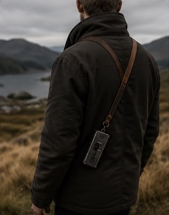 A man walking open hill country, the device carried on a leather strap across his back