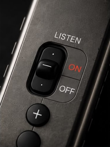 The LISTEN switch at close range, marked ON in red and OFF beneath