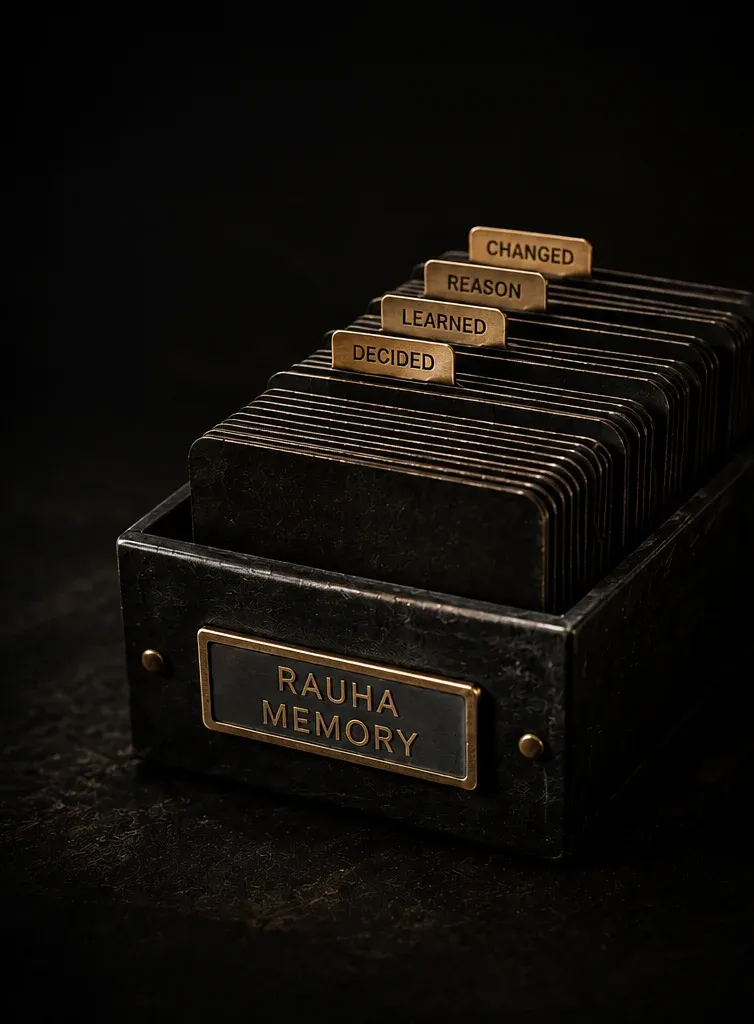 A card index labelled RAUHA MEMORY, its brass tabs reading Decided, Learned, Reason, Changed