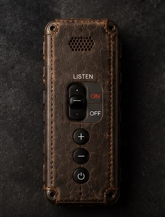 Leather darkened and softened after years of being carried, the LISTEN switch worn smooth